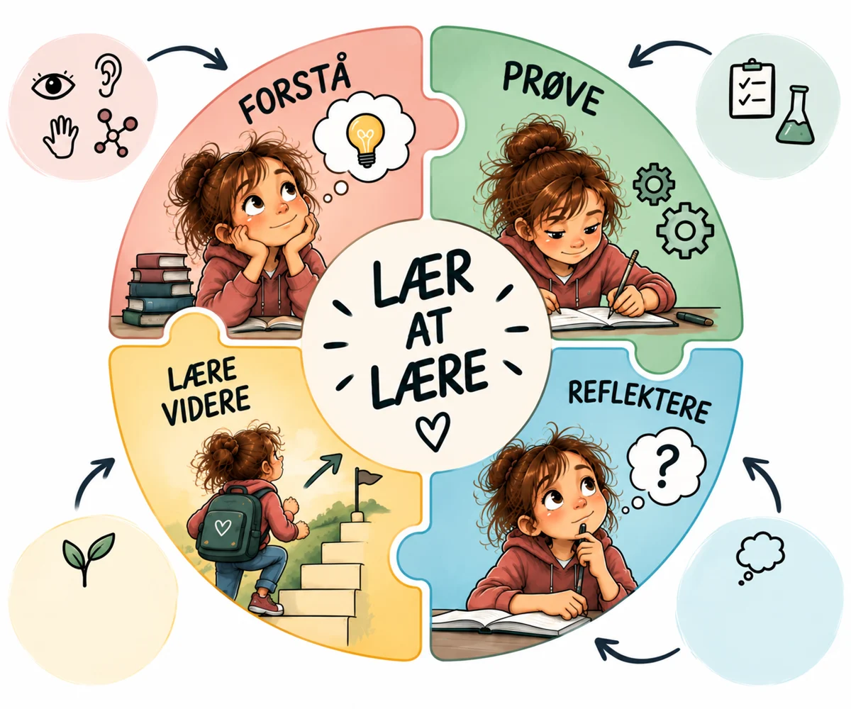 Lær at lære: fire trin i en cirkel – forstå, prøve, reflektere og lære videre.