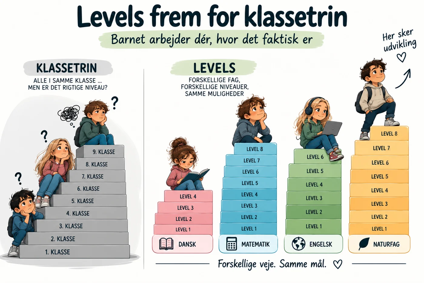 Levels frem for klassetrin: barnet arbejder dér, hvor det faktisk er – forskellige fag, forskellige levels. Forskellige veje, samme mål.