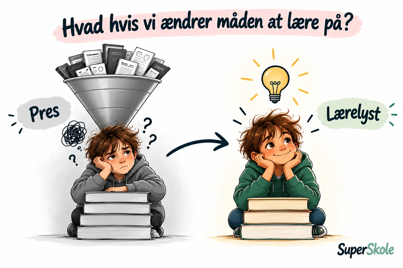 Hvad hvis vi ændrer måden at lære på? Til venstre et barn under en tragt fyldt med bøger og papirer: pres. Til højre samme barn med en lyspære over hovedet: lærelyst.