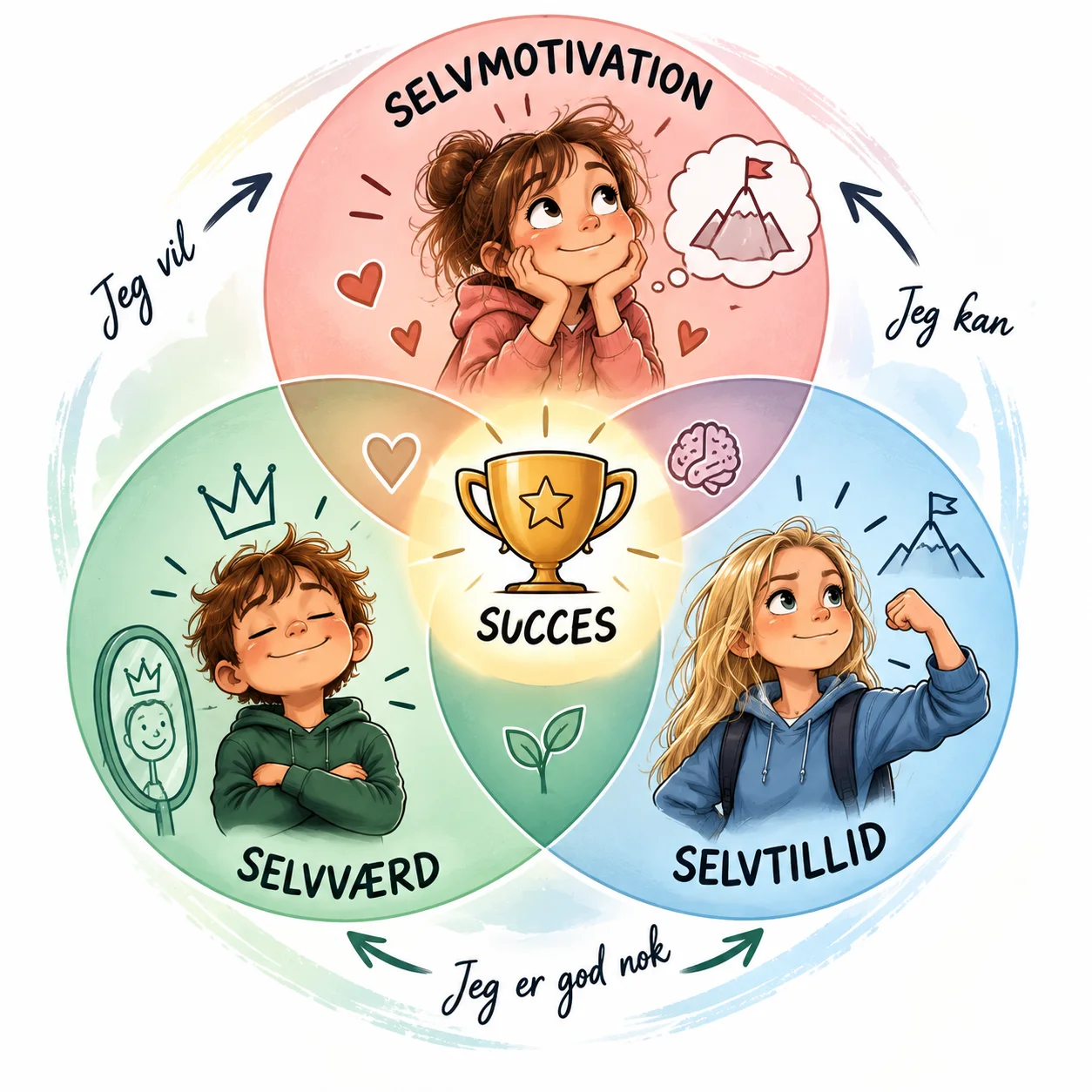 Selvmotivation (jeg vil), selvtillid (jeg kan) og selvværd (jeg er god nok) mødes i midten: succes.